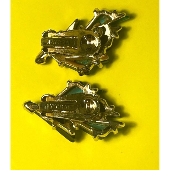 Green, Blue, and Gold Asymmetric Vintage JayCraft Clip Earrings Collectible! - Picture 4 of 7